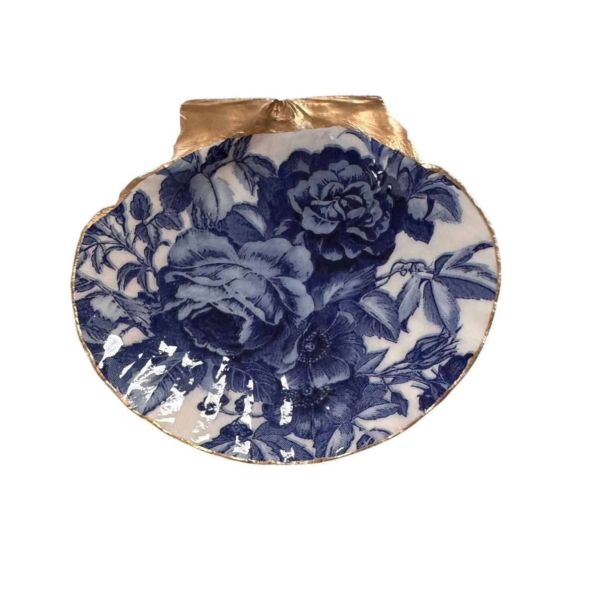 Blue Chinoiserie Rose Scallop Shell Ring Dish