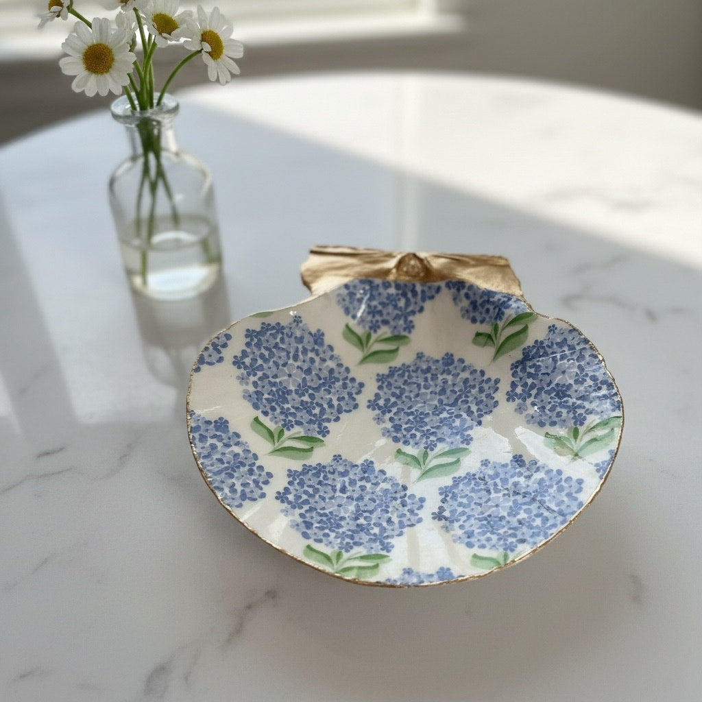 Watercolor Blue Hydrangea Scallop Shell Ring Dish