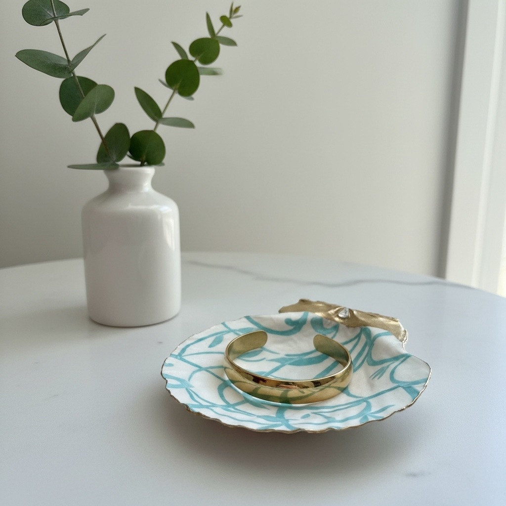 Teal Blue Vine Scallop Shell Ring Dish
