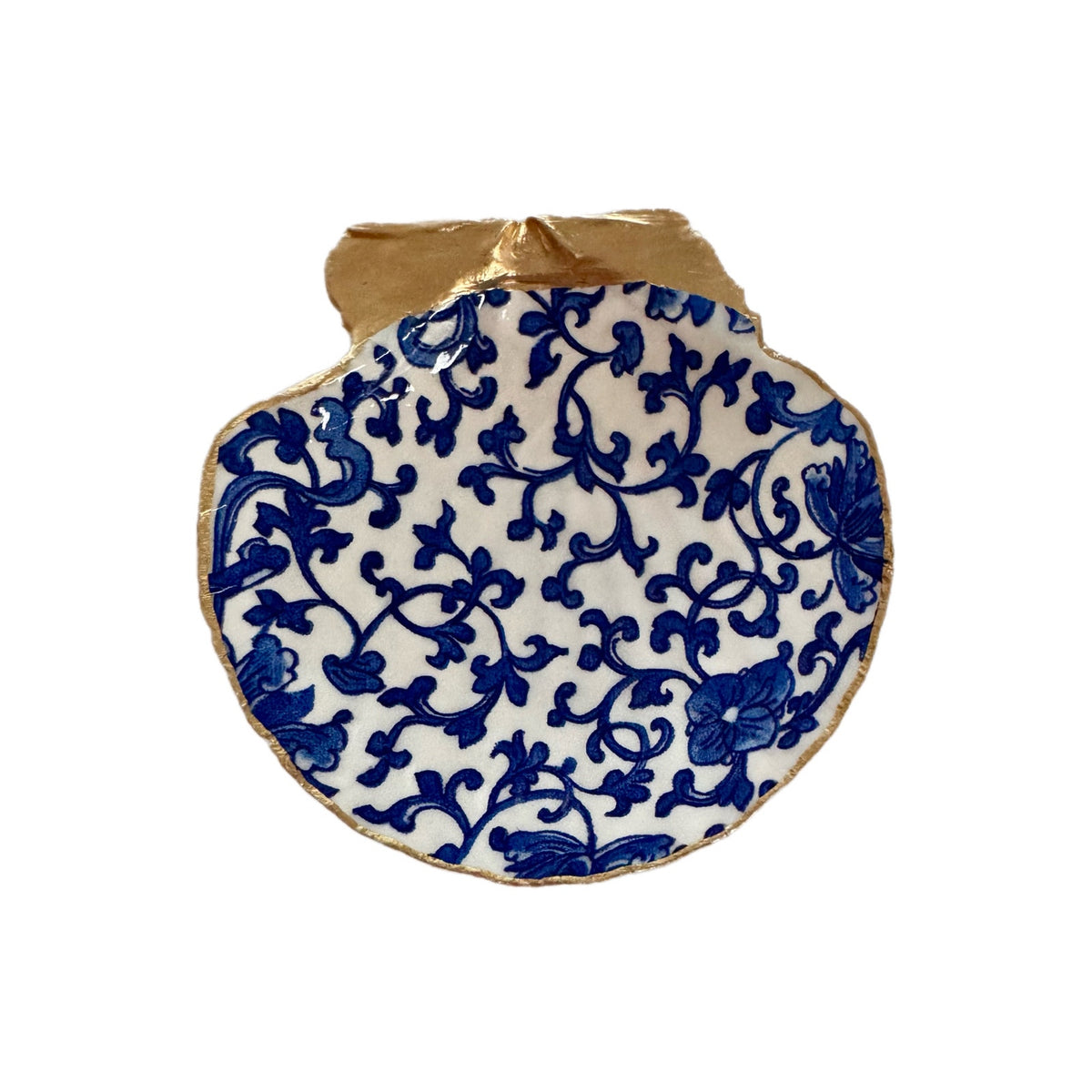 Blue Chinoiserie Scroll Scallop Shell Ring Dish