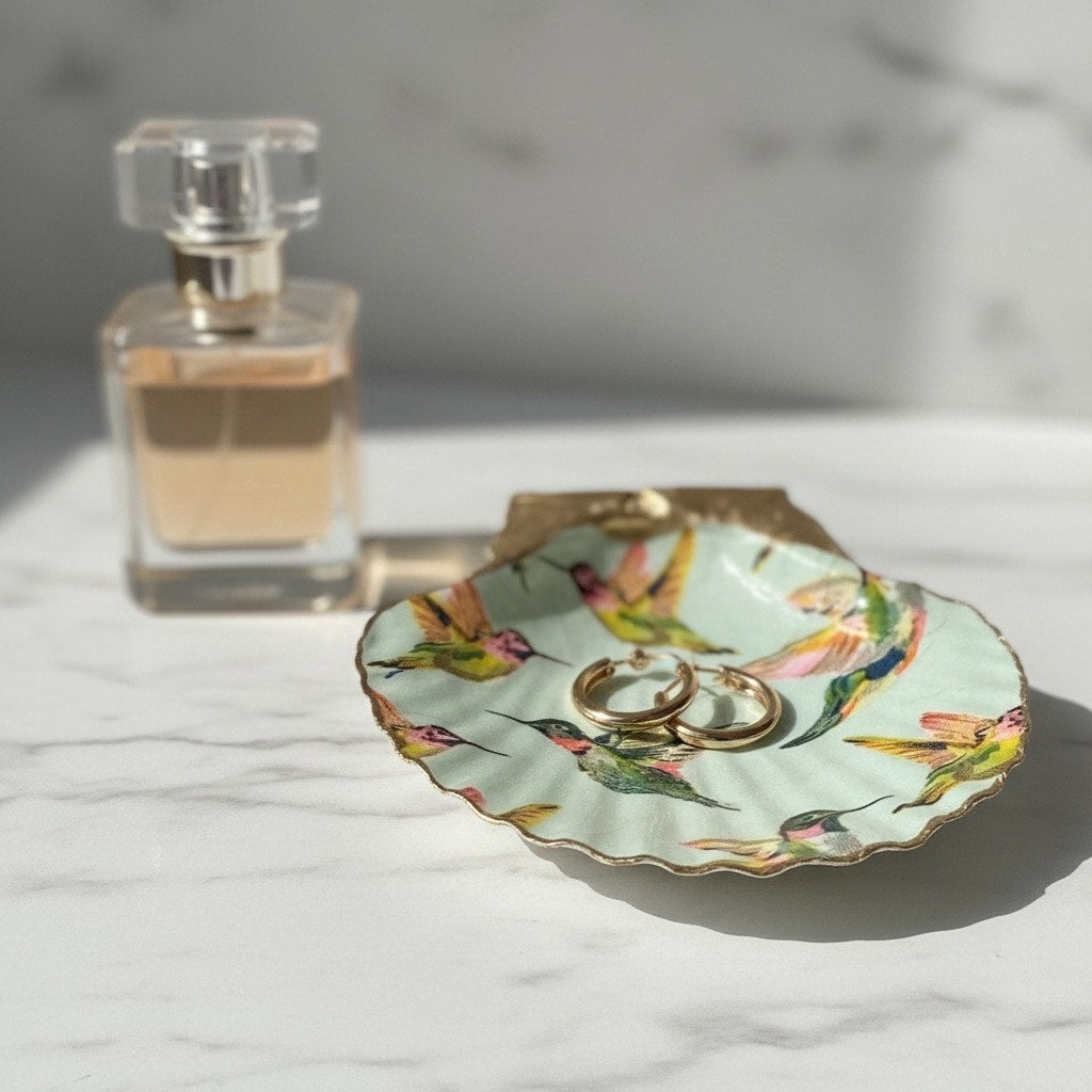 Hummingbird Scallop Shell Jewelry Dish
