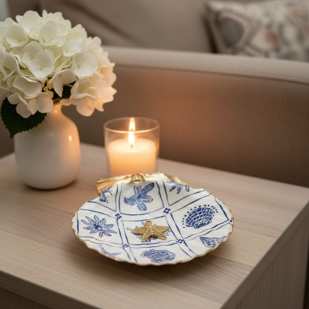 Blue & White Sea Life Tile Scallop Shell Jewelry Dish