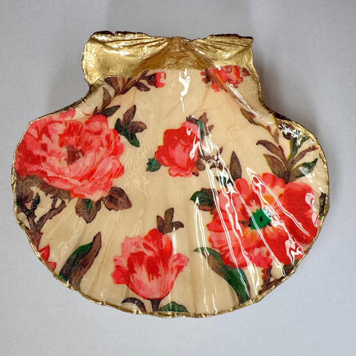 Vintage Coral Pink Rose Scallop Shell Trinket Dish