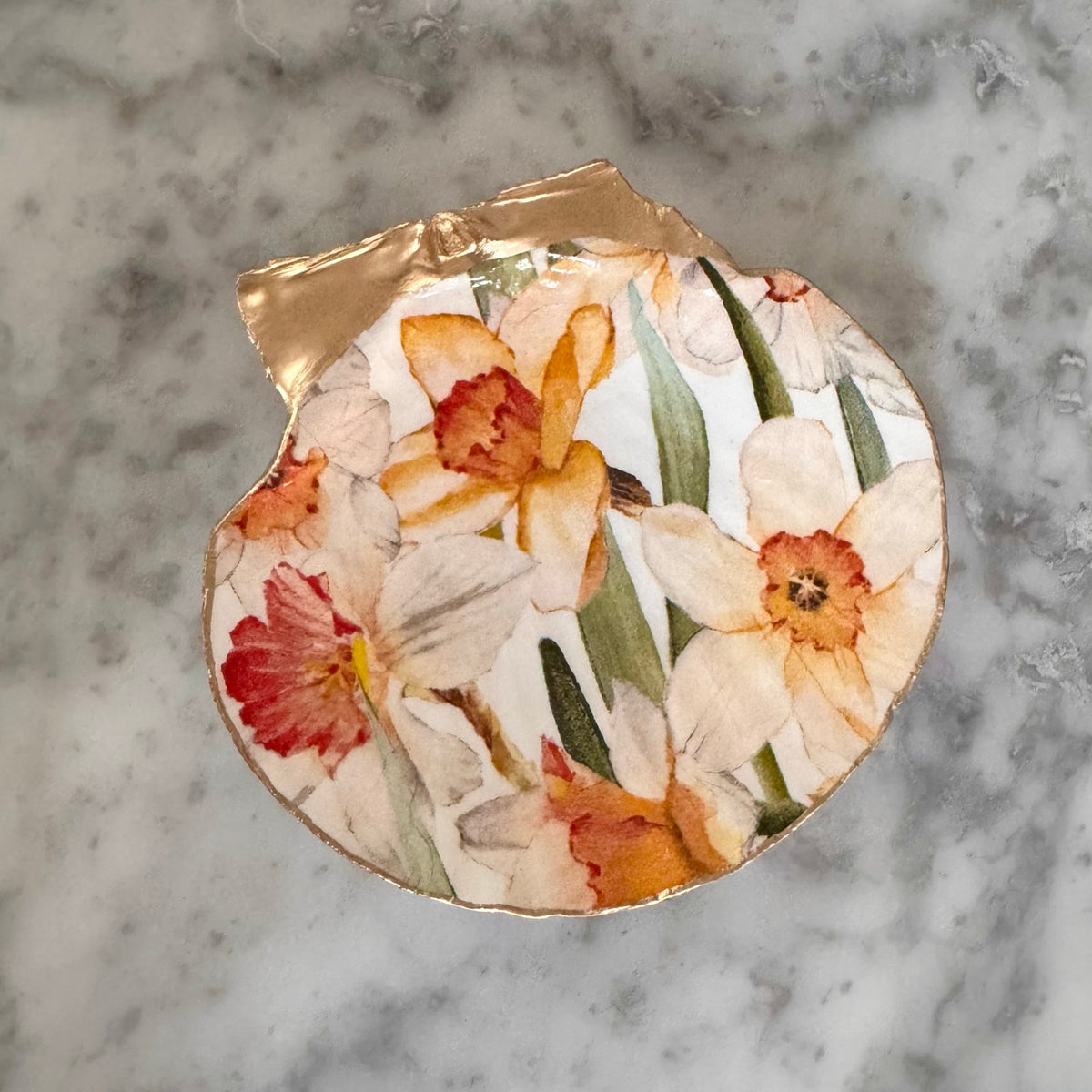 Daffodil Shell Trinket Dish, Watercolor Floral Ring Dish, Gold Edge Ring Dish