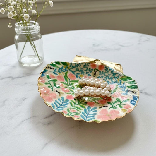 Folk Floral Garden & Bee Scallop Shell Ring Dish