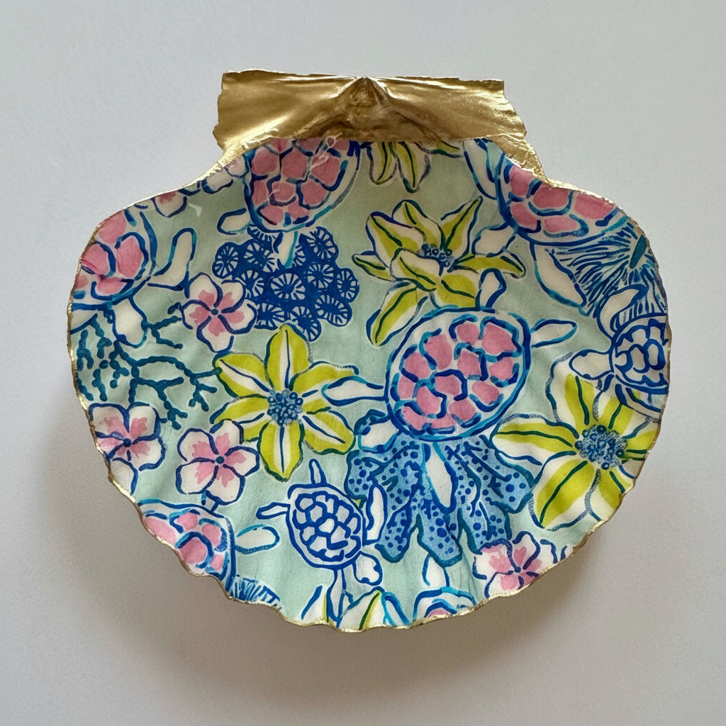 Sea Turtle & Tropical Floral Shell Trinket Dish