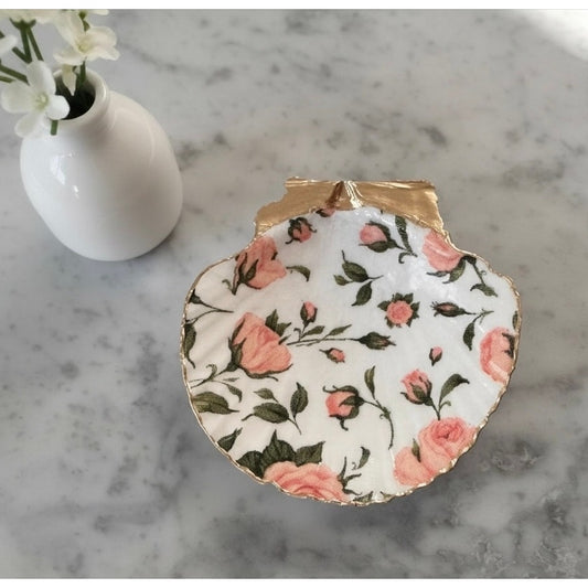 Pink Cottage Rose Scallop Shell Ring Dish