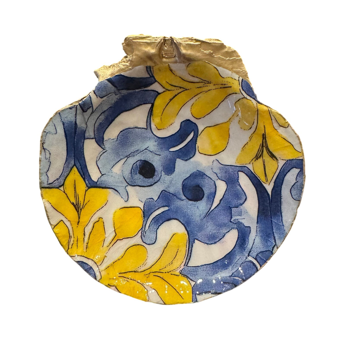 Blue and yellow floral scallop shell trinket dish with gold edge