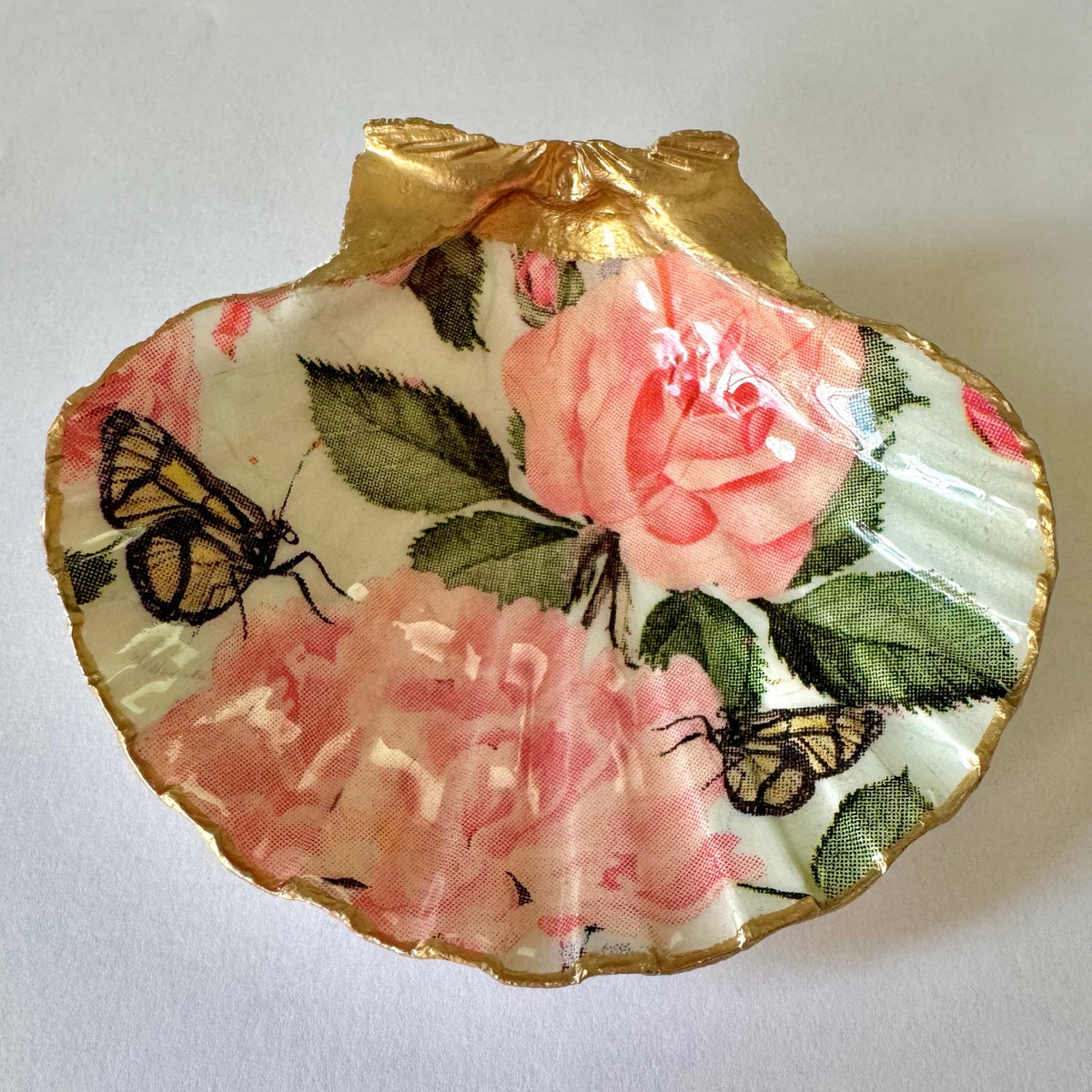 Pink Rose & Monarch Butterfly Scallop Shell Ring Dish