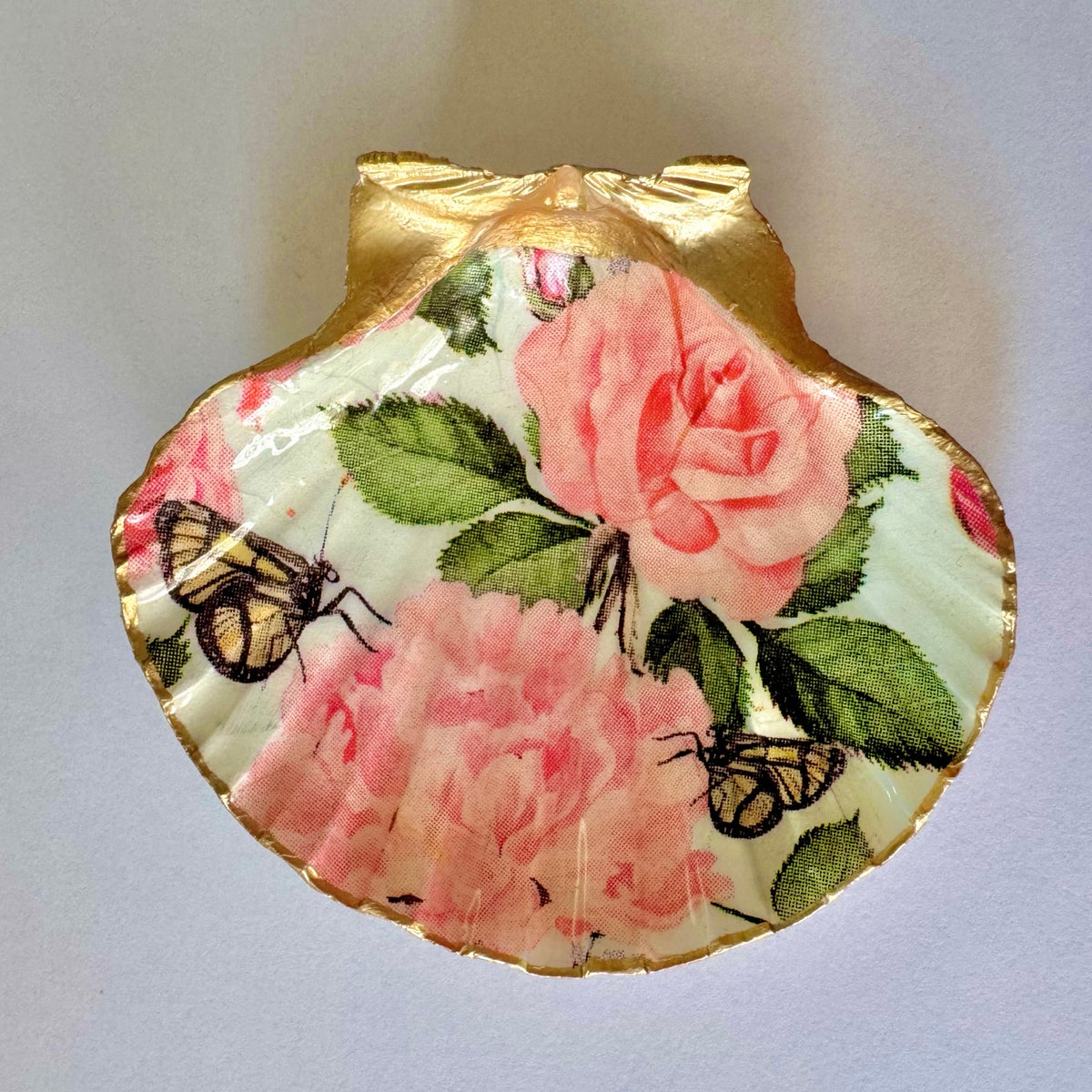 Pink Rose & Monarch Butterfly Scallop Shell Ring Dish
