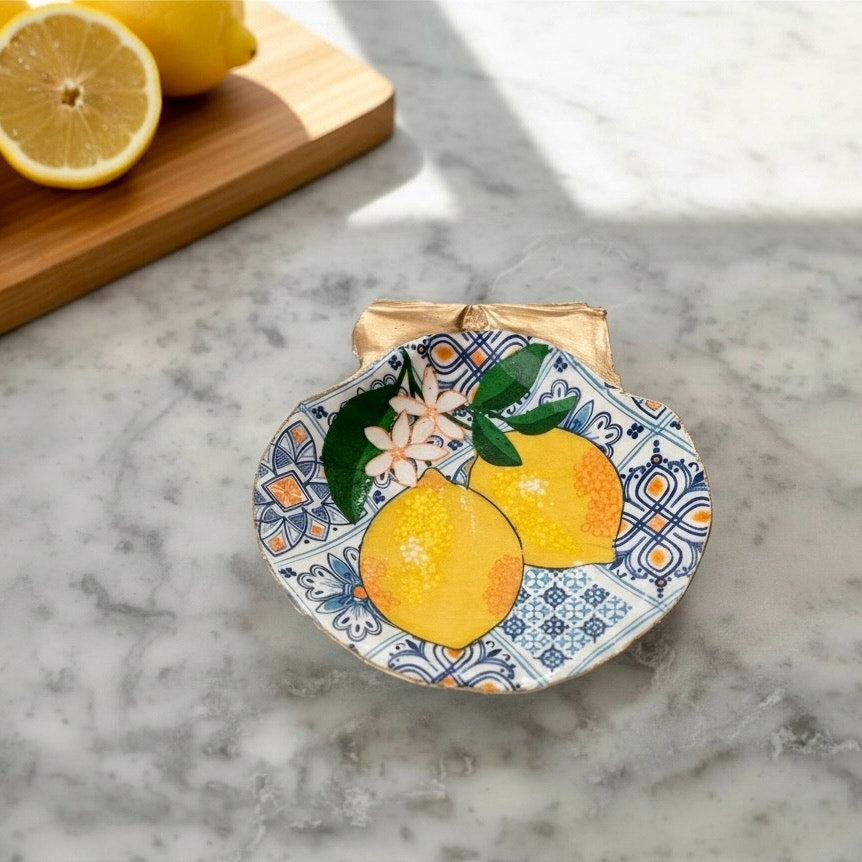 SICILIAN LEMON - Blue Tile & Lemon Blossom Scallop Shell Trinket Dish, Ring Dish, Italian Decor, Hostess Gift, Housewarming Gift for Her