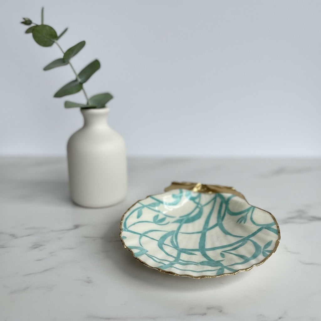 Teal Blue Vine Scallop Shell Ring Dish