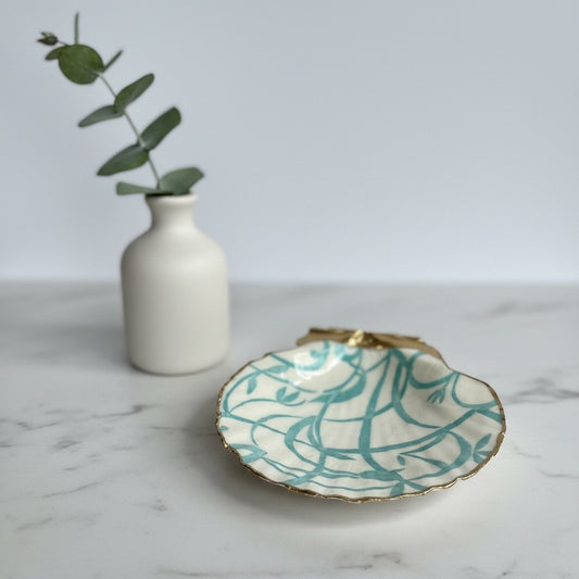 Teal Blue Vine Scallop Shell Ring Dish