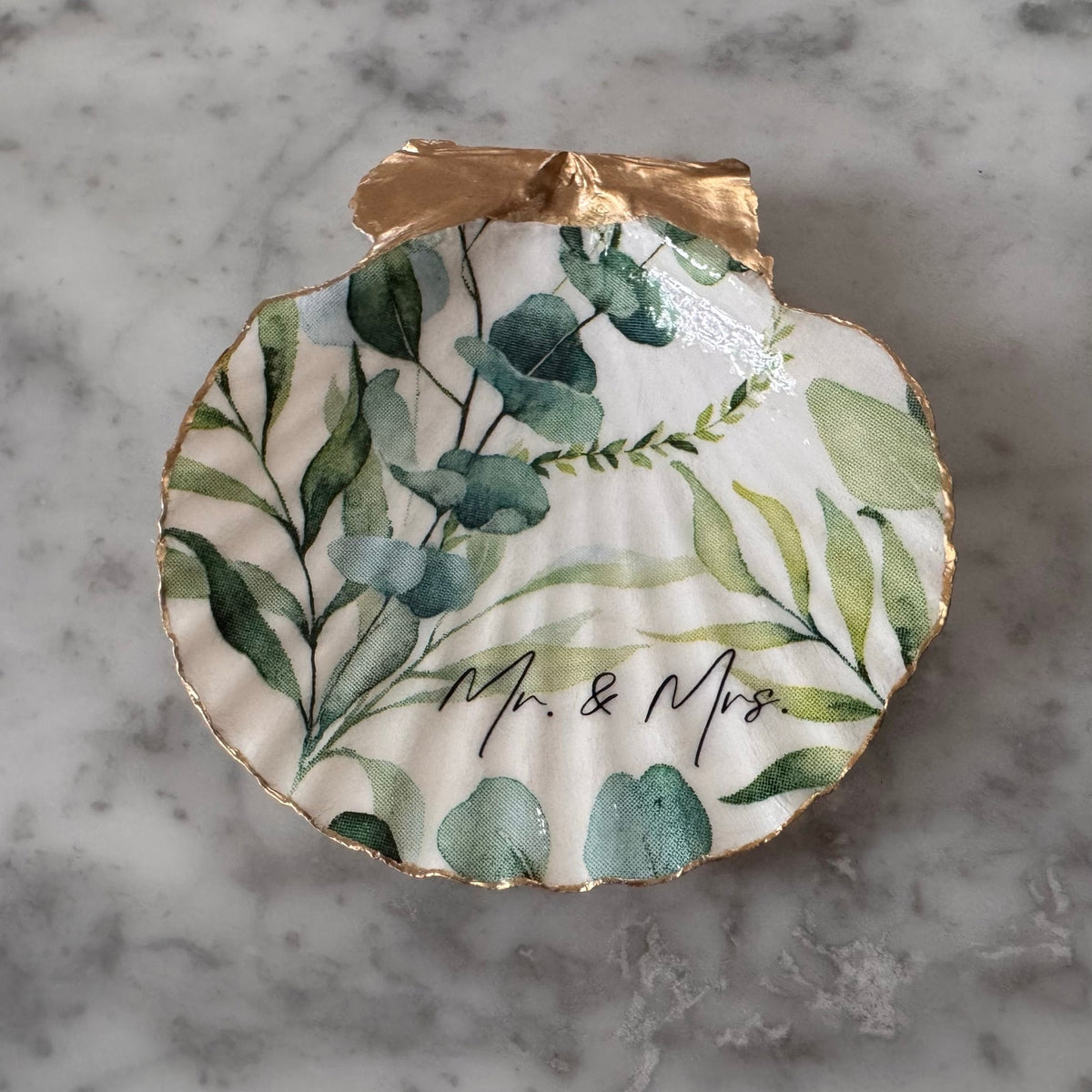 Mr & Mrs Eucalyptus Shell Ring Dish, Engagement Gift, Bridal Trinket Dish