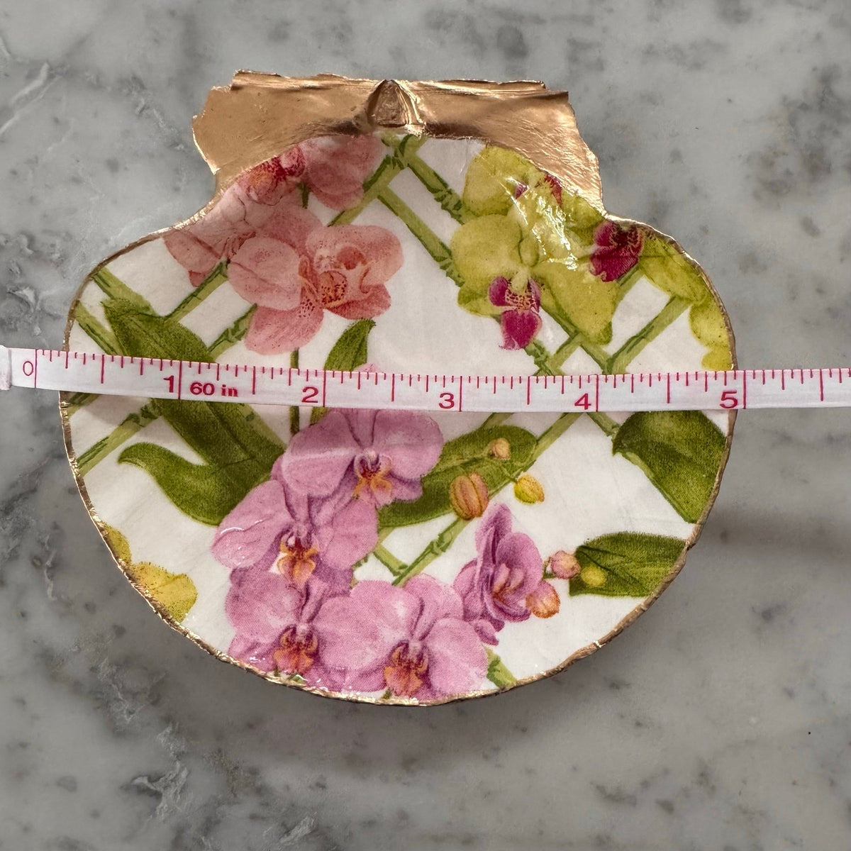 Pink Orchid Scallop Shell Trinket Dish, Gold Rim, Botanical Vanity Decor