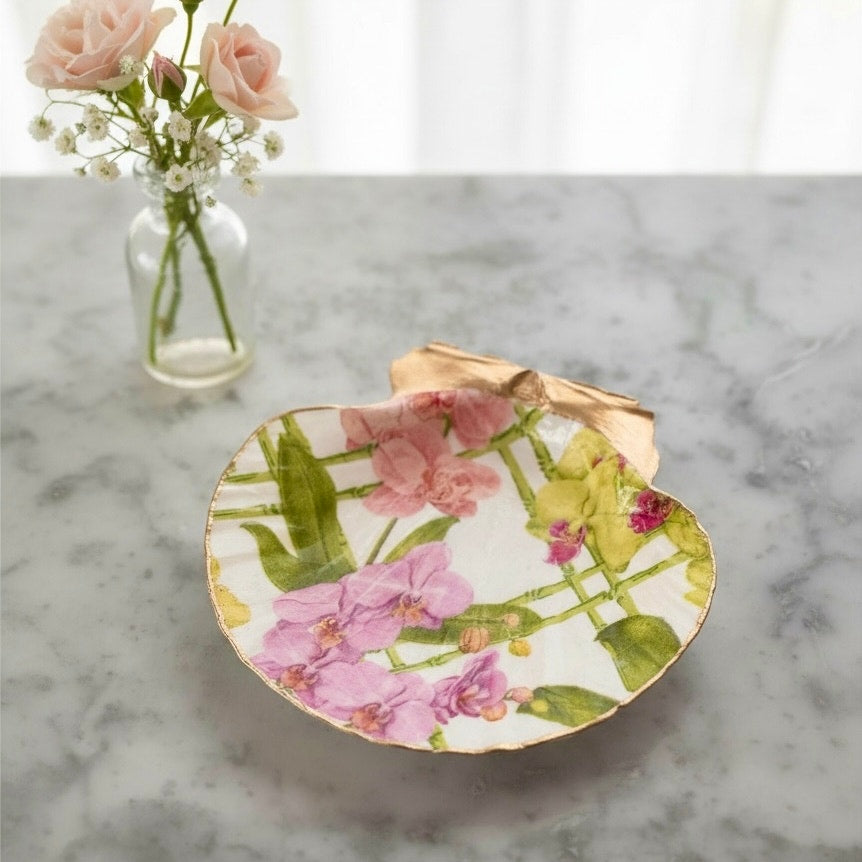 Pink Orchid Scallop Shell Trinket Dish, Gold Rim, Botanical Vanity Decor