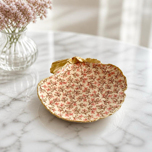 Pink Ditsy Floral Scallop Shell Ring Dish