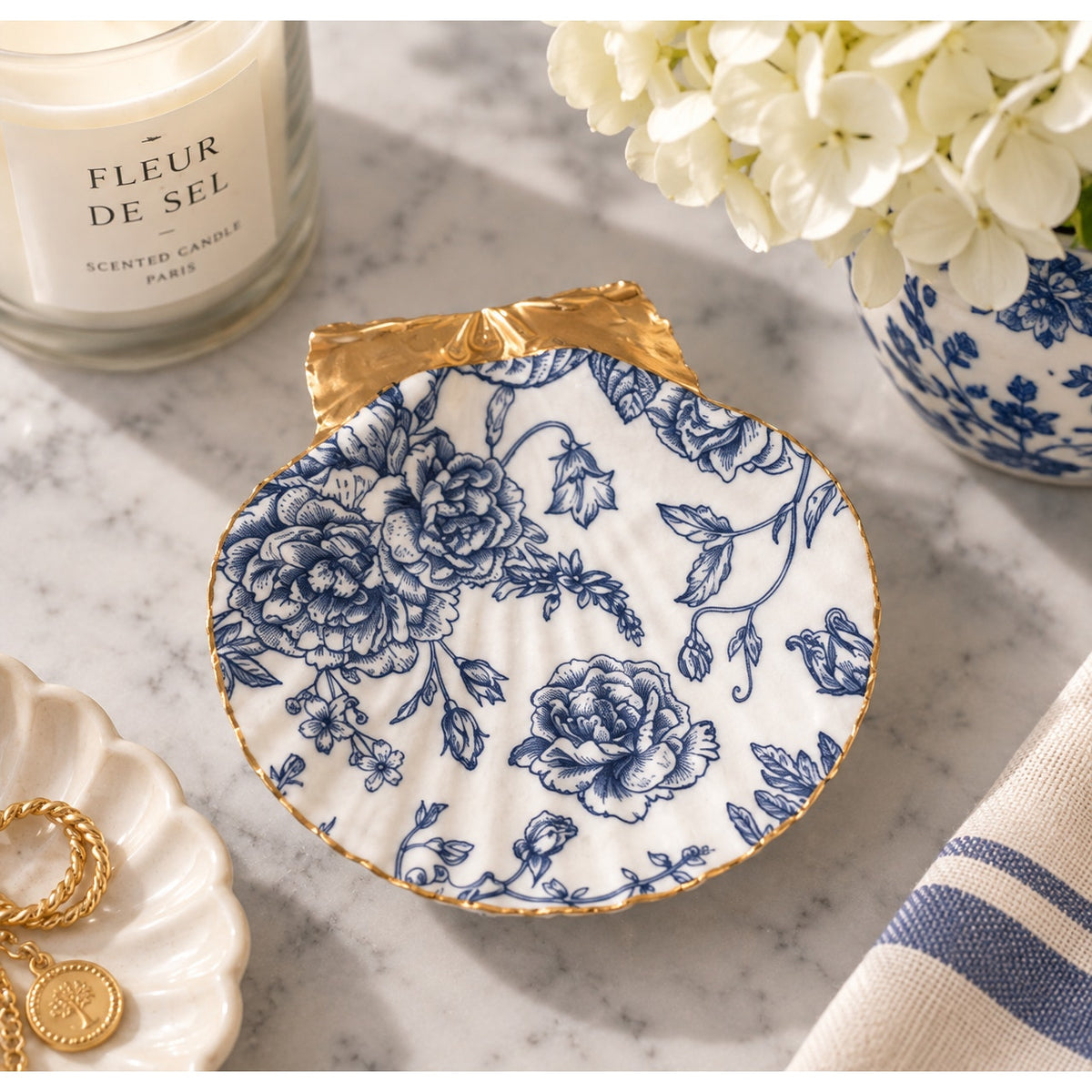 Navy Rose Scallop Shell Trinket Dish, Blue and White Ring Dish, Grandmillennial Decor, Something Blue, Bridesmaid Gift