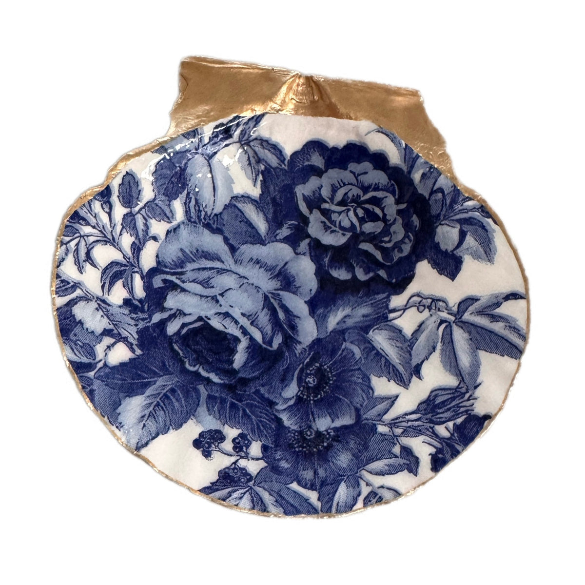 Blue Chinoiserie Rose Scallop Shell Ring Dish