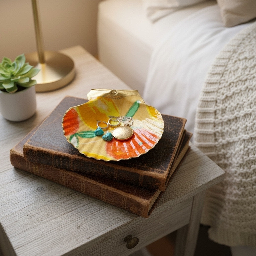 Vintage Citrus Botanical Scallop Shell Trinket Dish