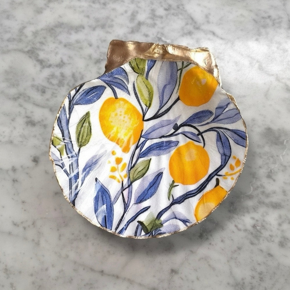 Citrus Trinket Dish, Watercolor Lemon and Blue Green Botanical Ring Holder, Hostess Gift