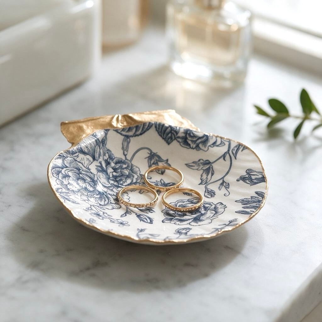 Navy Rose Scallop Shell Trinket Dish, Blue and White Ring Dish, Grandmillennial Decor, Something Blue, Bridesmaid Gift