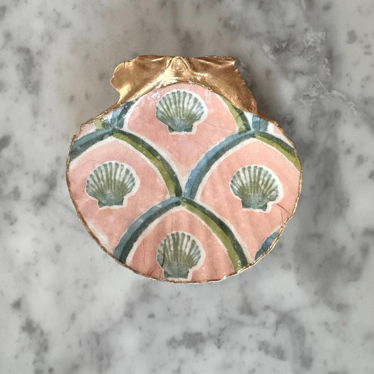 Shell Trinket Dish with Peach Scallop Design, Coastal Ring Holder