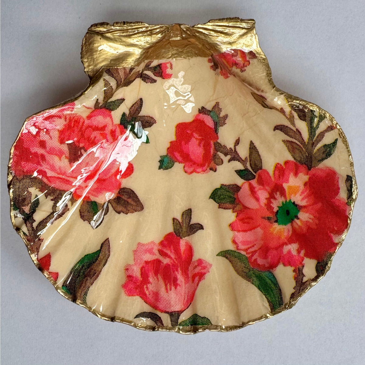 Vintage Coral Pink Rose Scallop Shell Trinket Dish