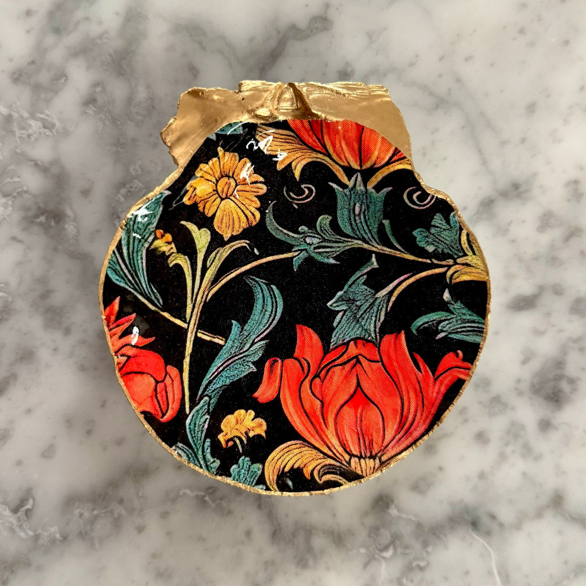 Detailed view of william morris black floral shell trinket dish