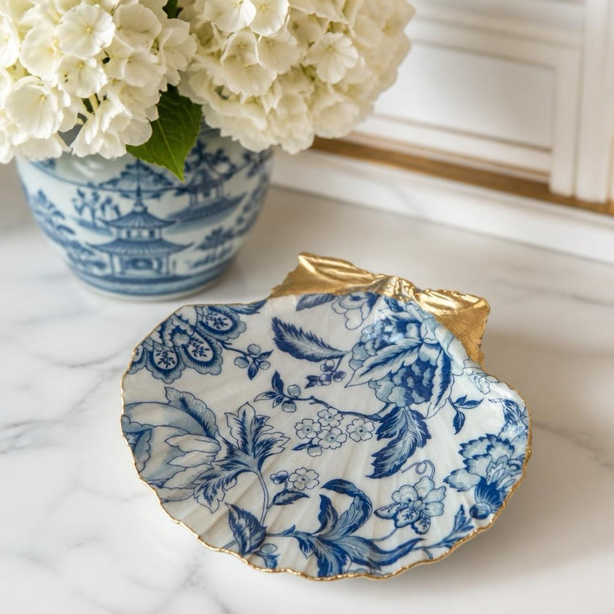 Blue Chinoiserie Floral Shell Jewelry Dish