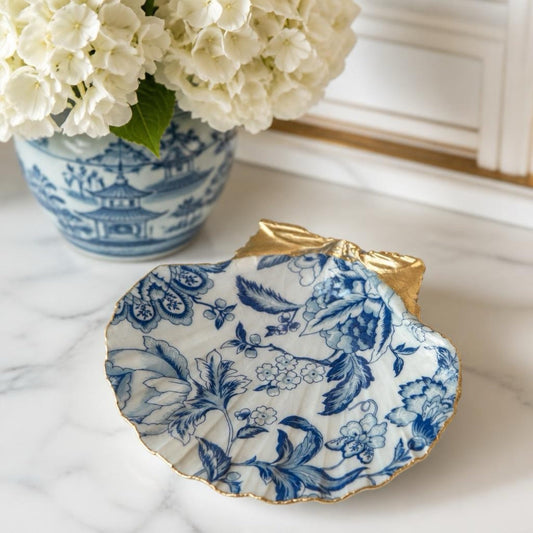 Blue Chinoiserie Floral Shell Jewelry Dish