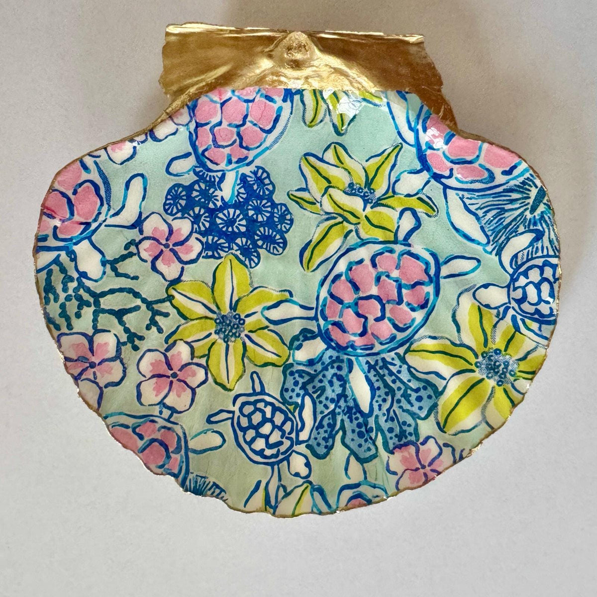 Sea Turtle & Tropical Floral Shell Trinket Dish