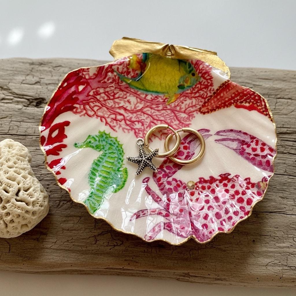 Coral Reef Sea Life Scallop Shell Jewelry Dish