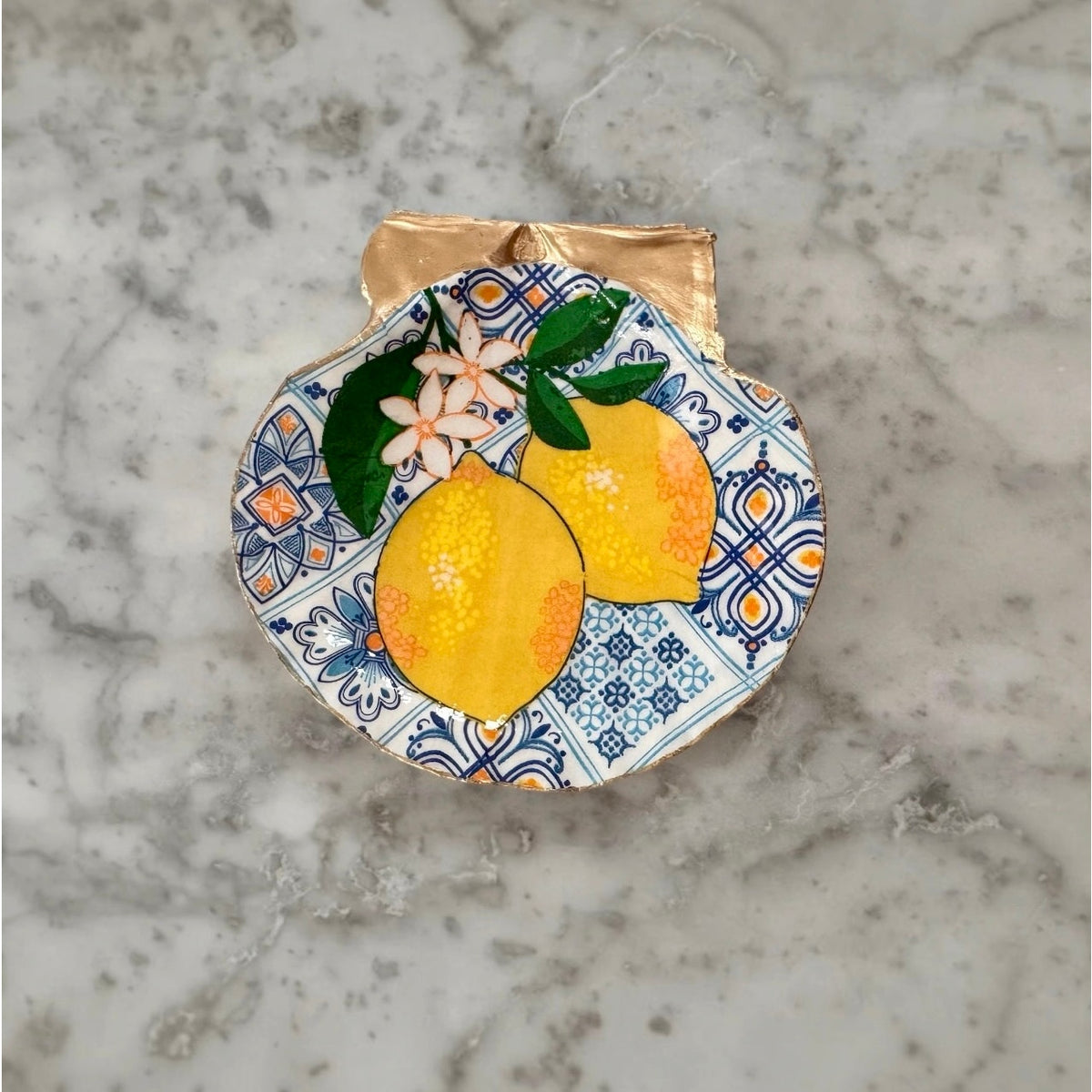 SICILIAN LEMON - Blue Tile & Lemon Blossom Scallop Shell Trinket Dish, Ring Dish, Italian Decor, Hostess Gift, Housewarming Gift for Her