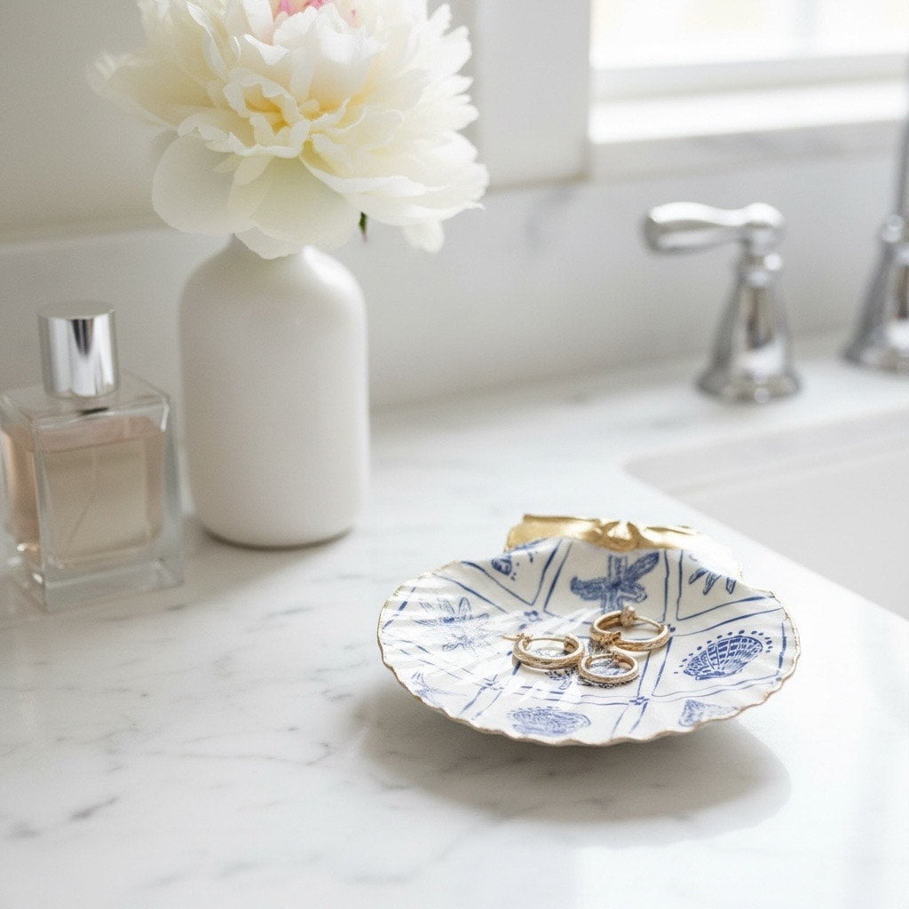 Blue & White Sea Life Tile Scallop Shell Jewelry Dish