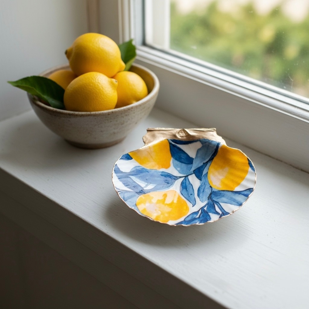 Lemon Scallop Shell Trinket Dish, Blue and Yellow Ring Dish, Italian Kitchen Decor, Hostess Gift, Housewarming Gift for Her