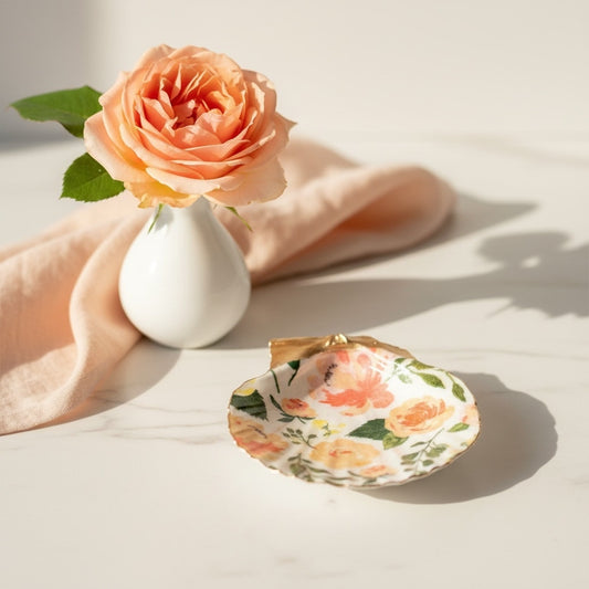 Peach Rose Scallop Shell Ring Dish