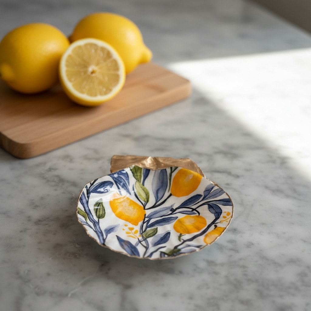 Citrus Trinket Dish, Watercolor Lemon and Blue Green Botanical Ring Holder, Hostess Gift