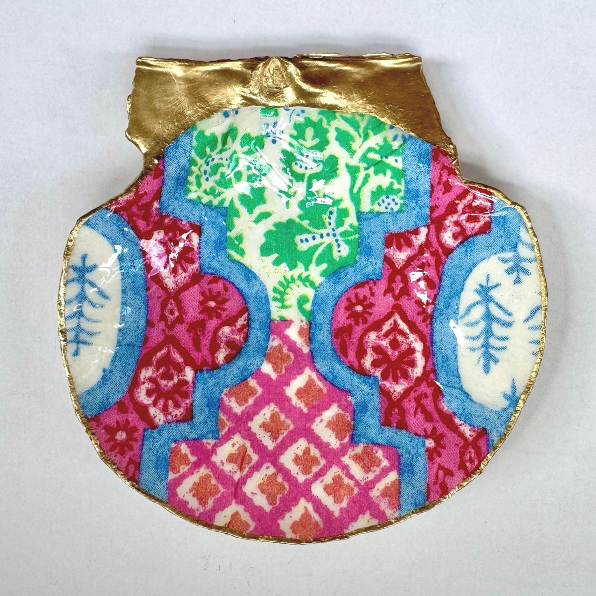 Colorful patchwork tile shell trinket dish shown from another angle
