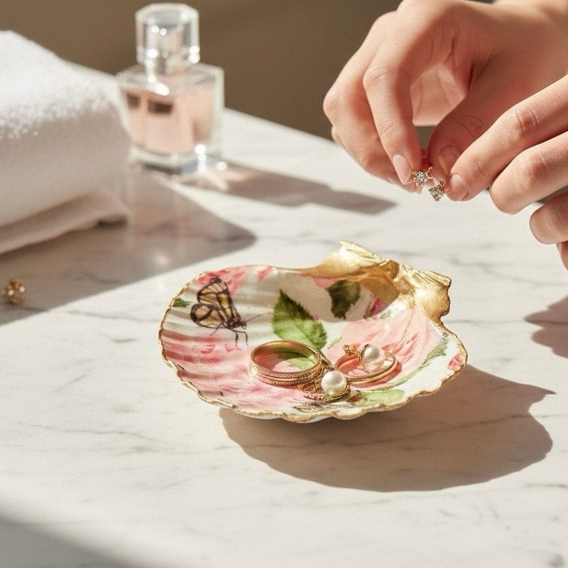 Pink Rose & Monarch Butterfly Scallop Shell Ring Dish
