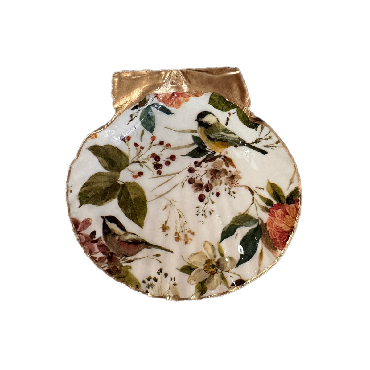 Vintage Songbird Botanical Scallop Shell Jewelry Dish