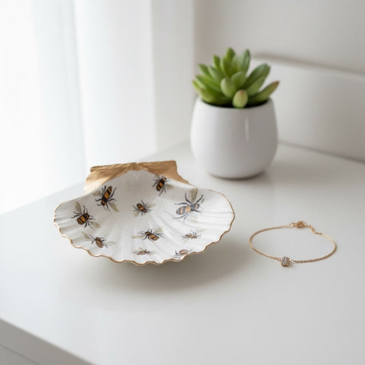 Shell Trinket Dish with Bumble Bees, Cottagecore Ring Dish