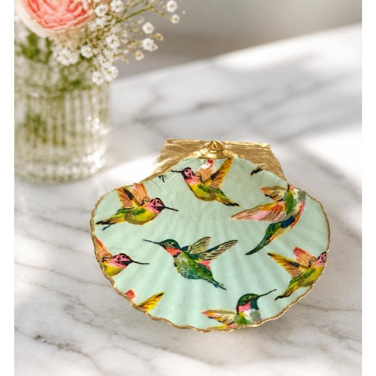 Hummingbird Scallop Shell Jewelry Dish