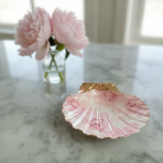 Pink Toile Rose Trinket Dish, Vintage Rose Floral Jewelry Holder