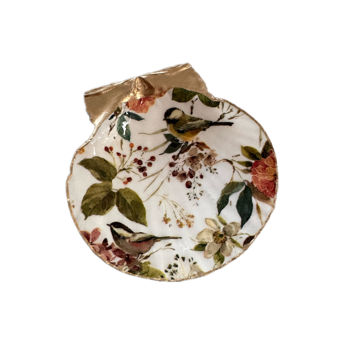 Vintage Songbird Botanical Scallop Shell Jewelry Dish