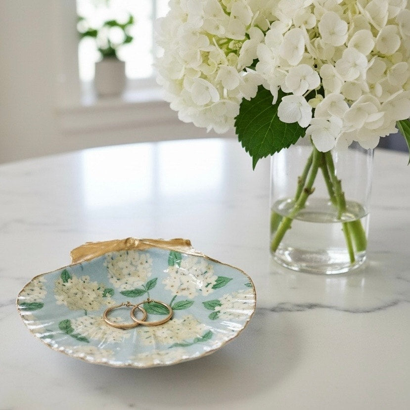 White Hydrangea Scallop Shell Ring Dish