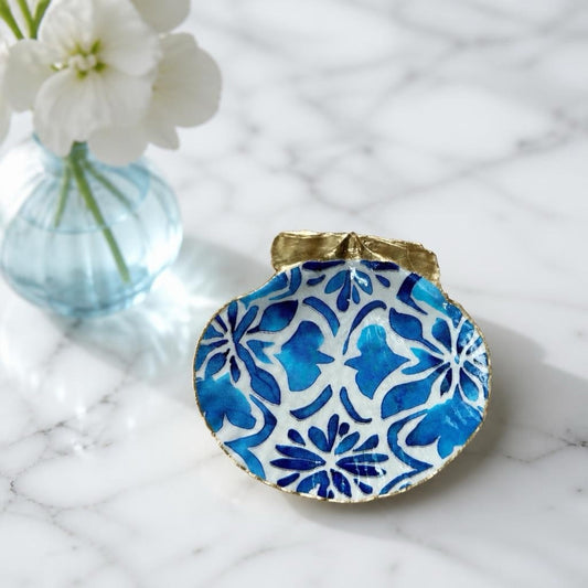 Blue Watercolor Botanical Scallop Shell Jewelry Dish