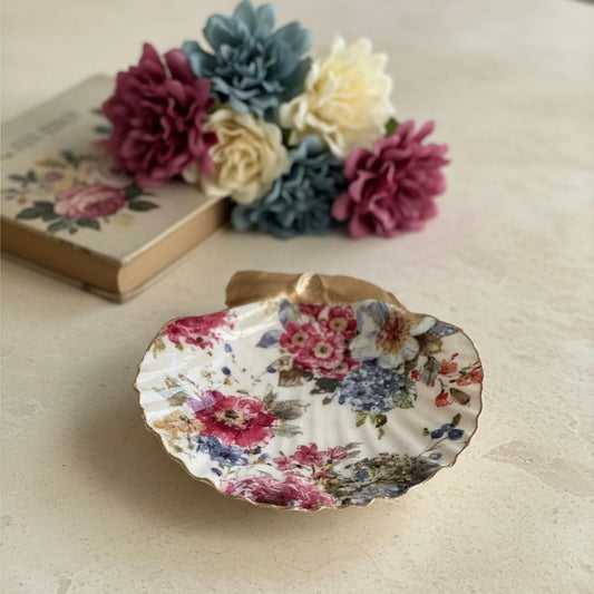 Vintage Garden Floral Scallop Shell Jewelry Dish