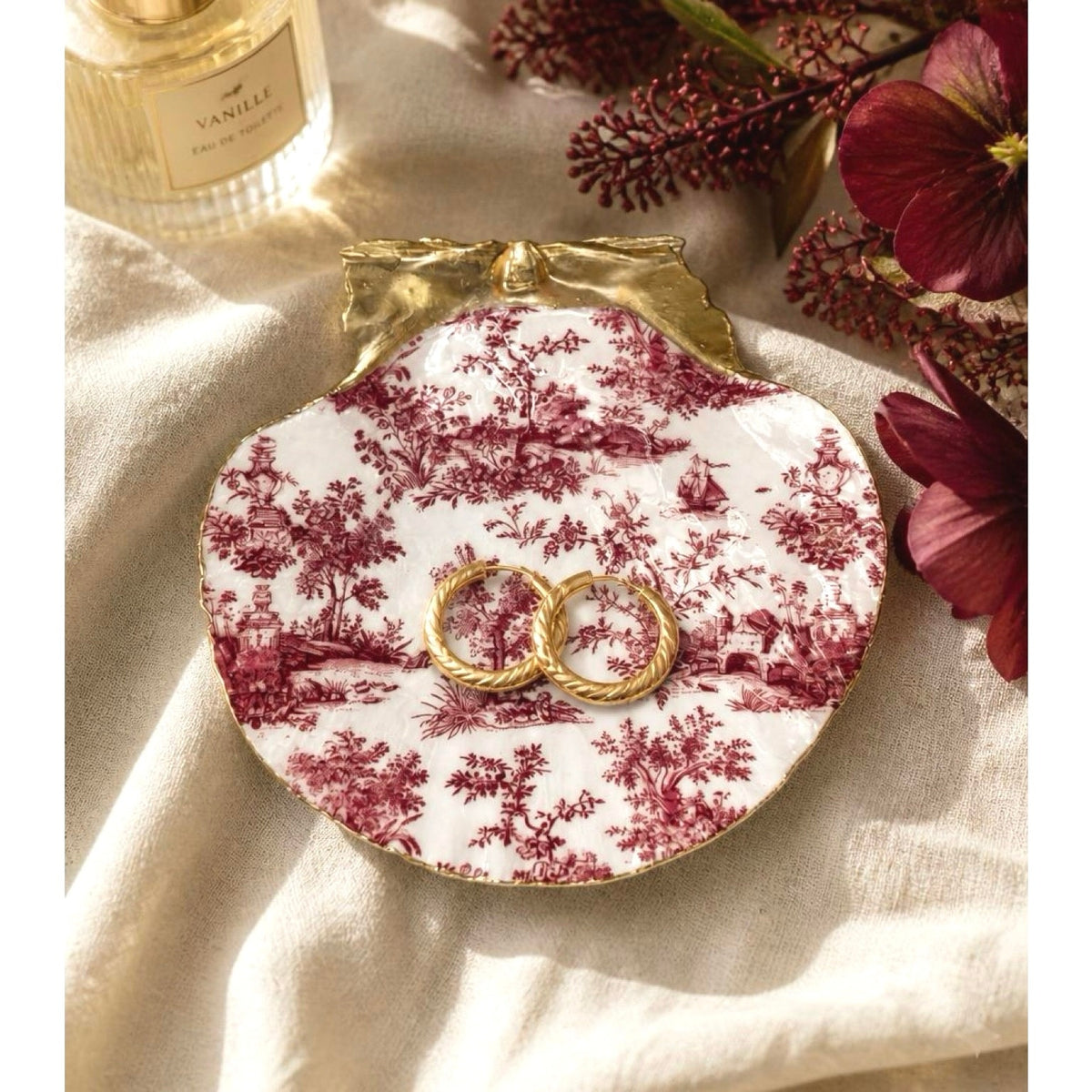 Magenta Toile Scallop Shell Jewelry Dish