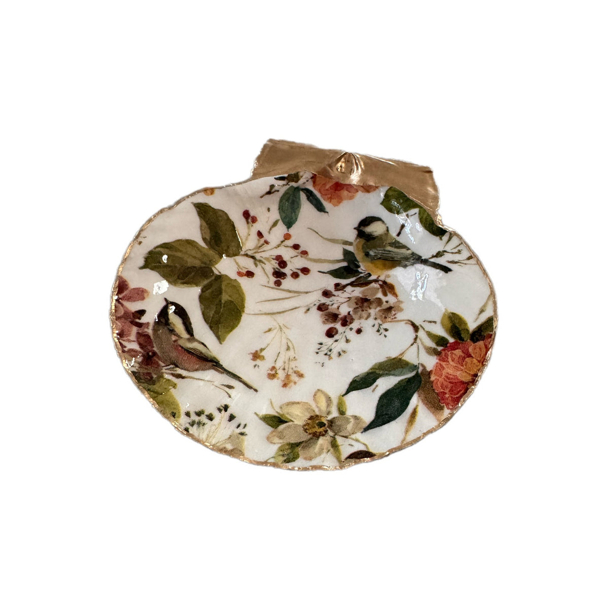 Vintage Songbird Botanical Scallop Shell Jewelry Dish